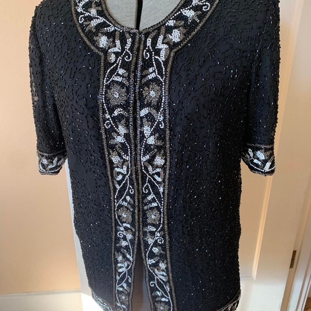 Laurence Kazar New York Beaded Silk Cardigan Jacket Black Silver Gold Large